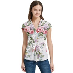 Floral Elements Peony Chinese Rose Women s Cap Sleeve Mandarin Collar Waist Tie Blouse by Grandong