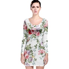 Floral Elements Peony Chinese Rose Long Sleeve Velvet Bodycon Dress