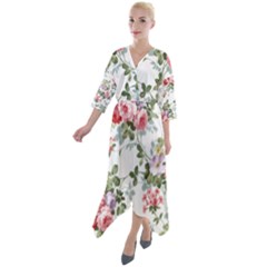 Floral Elements Peony Chinese Rose Quarter Sleeve Wrap Front Maxi Dress by Grandong