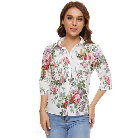 Floral Elements Peony Chinese Rose Women s Quarter Sleeve Pocket Shirt by Grandong