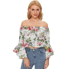 Floral Elements Peony Chinese Rose Off Shoulder Flutter Bell Sleeve Top