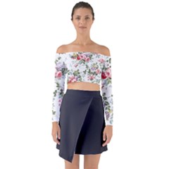 Floral Elements Peony Chinese Rose Long Sleeve Off Shoulder Crop Top