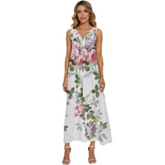 Floral Elements Peony Chinese Rose V-neck Sleeveless Wide Leg Pants Overalls by Grandong