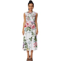 Floral Elements Peony Chinese Rose Sleeveless Round Neck Midi Dress by Grandong