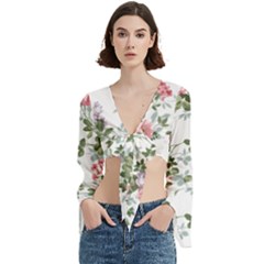 Floral Elements Peony Chinese Rose Trumpet Sleeve Cropped Top