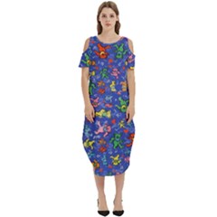 Grateful Dead Dancing Bears Pattern Cold Shoulder Loose Fit Dress With Pockets