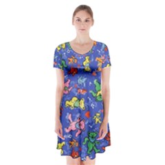 Grateful Dead Dancing Bears Pattern Short Sleeve V-neck Flare Dress