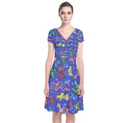 Grateful Dead Dancing Bears Pattern Short Sleeve Front Wrap Dress