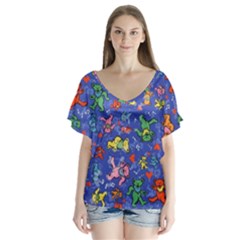 Grateful Dead Dancing Bears Pattern V-neck Flutter Sleeve Top