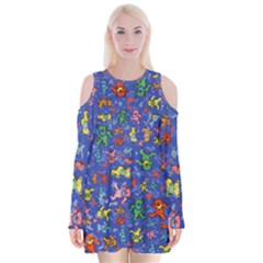 Grateful Dead Dancing Bears Pattern Velvet Long Sleeve Shoulder Cutout Dress