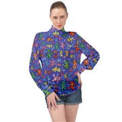 Grateful Dead Dancing Bears Pattern High Neck Long Sleeve Chiffon Top