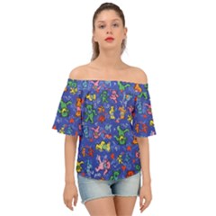 Grateful Dead Dancing Bears Pattern Off Shoulder Short Sleeve Top