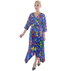 Grateful Dead Dancing Bears Pattern Quarter Sleeve Wrap Front Maxi Dress