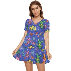 Grateful Dead Dancing Bears Pattern Tiered Short Sleeve Babydoll Dress