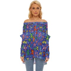 Grateful Dead Dancing Bears Pattern Off Shoulder Chiffon Pocket Shirt