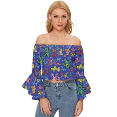 Grateful Dead Dancing Bears Pattern Off Shoulder Flutter Bell Sleeve Top