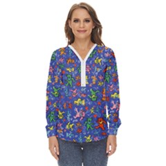 Grateful Dead Dancing Bears Pattern Zip Up Long Sleeve Blouse