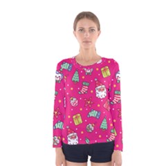 Cute Pink Christmas Pattern Women s Long Sleeve T-shirt