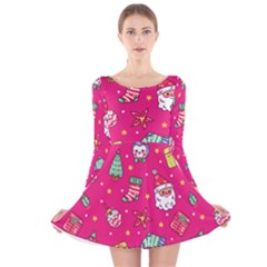 Cute Pink Christmas Pattern Long Sleeve Velvet Skater Dress