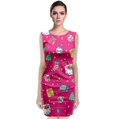 Cute Pink Christmas Pattern Sleeveless Velvet Midi Dress