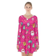 Cute Pink Christmas Pattern Long Sleeve Velvet V-neck Dress