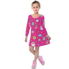 Cute Pink Christmas Pattern Kids  Long Sleeve Velvet Dress