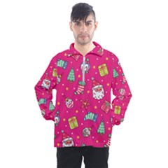 Cute Pink Christmas Pattern Men s Half Zip Pullover