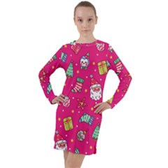 Cute Pink Christmas Pattern Long Sleeve Hoodie Dress