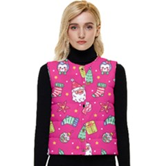 Cute Pink Christmas Pattern Women s Button Up Puffer Vest