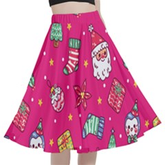 Cute Pink Christmas Pattern A-line Full Circle Midi Skirt With Pocket by designsbymallika