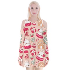 Cute Christmas Cartoon Velvet Long Sleeve Shoulder Cutout Dress