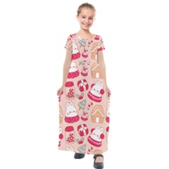 Cute Christmas Cartoon Kids  Short Sleeve Maxi Dress