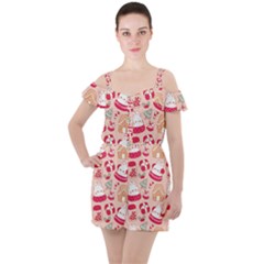 Cute Christmas Cartoon Ruffle Cut Out Chiffon Playsuit