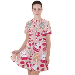 Cute Christmas Cartoon Short Sleeve Shoulder Cut Out Dress 