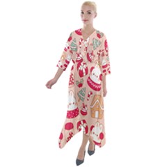 Cute Christmas Cartoon Quarter Sleeve Wrap Front Maxi Dress