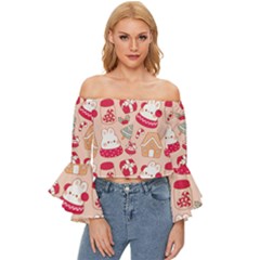 Cute Christmas Cartoon Off Shoulder Flutter Bell Sleeve Top