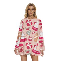 Cute Christmas Cartoon Round Neck Long Sleeve Bohemian Style Chiffon Mini Dress