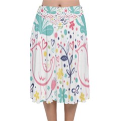 Cute Bird Pattern Velvet Flared Midi Skirt