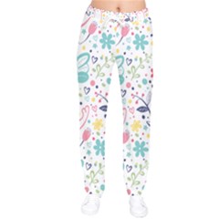 Cute Bird Pattern Women Velvet Drawstring Pants