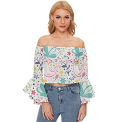 Cute Bird Pattern Off Shoulder Flutter Bell Sleeve Top