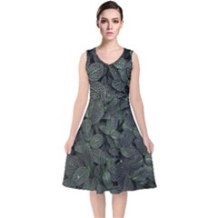 Leaves Plant Foliage Green V-neck Midi Sleeveless Dress  by Cemarart