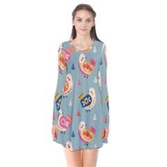 Cute Bird Pattern Long Sleeve V-neck Flare Dress by designsbymallika