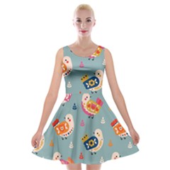 Cute Bird Pattern Velvet Skater Dress