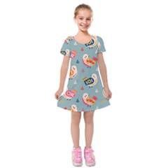 Cute Bird Pattern Kids  Short Sleeve Velvet Dress