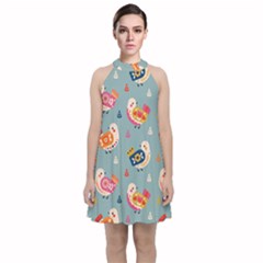 Cute Bird Pattern Velvet Halter Neckline Dress 