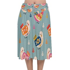 Cute Bird Pattern Velvet Flared Midi Skirt