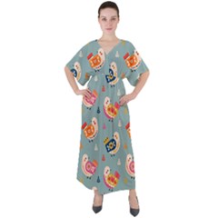 Cute Bird Pattern V-neck Boho Style Maxi Dress by designsbymallika