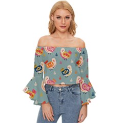 Cute Bird Pattern Off Shoulder Flutter Bell Sleeve Top