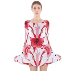 A Design Of A Red Flower On A White Background Long Sleeve Velvet Skater Dress