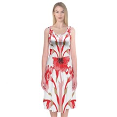 A Design Of A Red Flower On A White Background Midi Sleeveless Dress